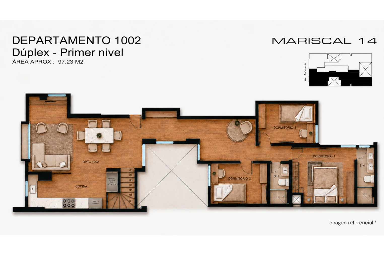 Vista renderizada tipo 11 – Dúplex 136 m² – primer nivel