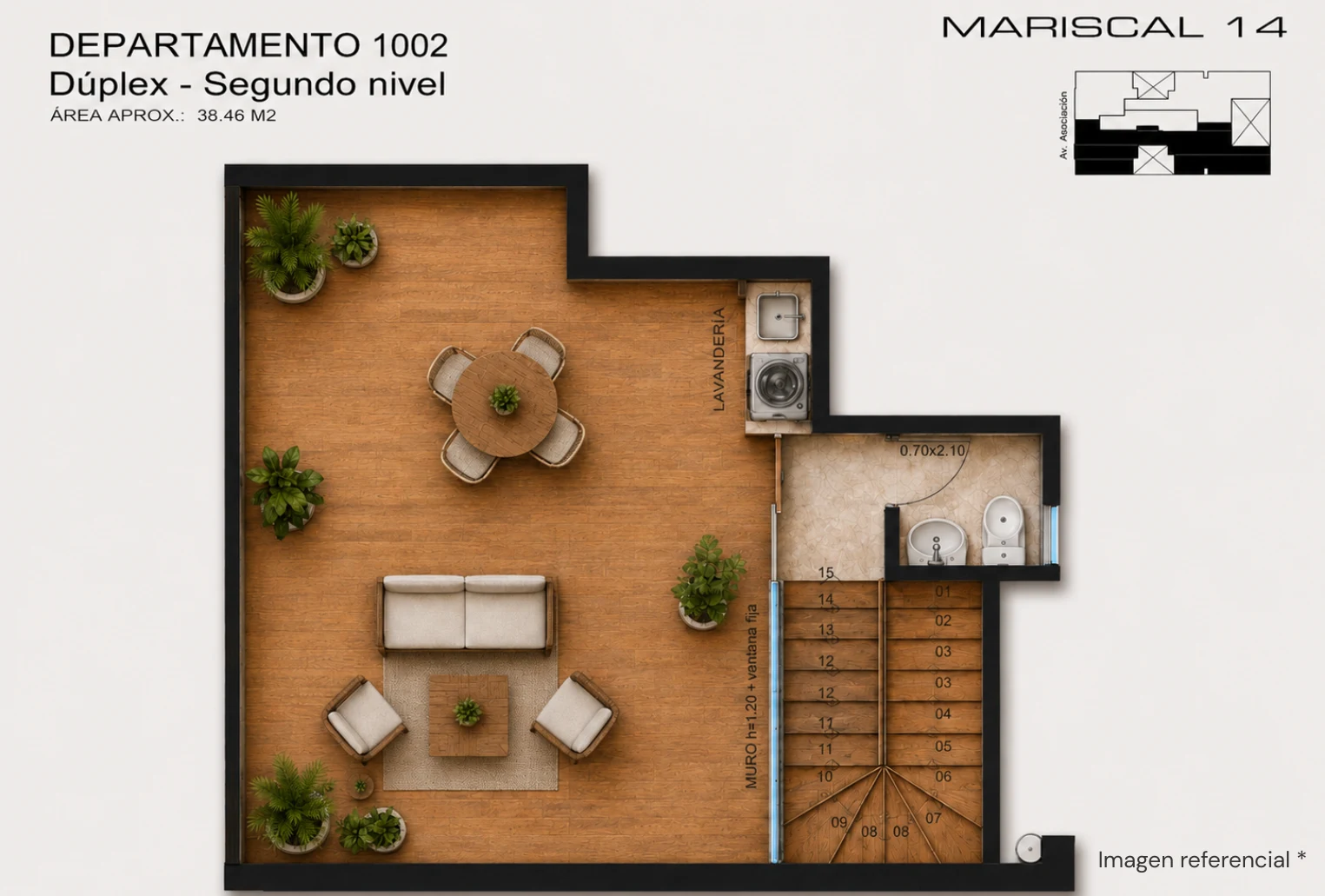 Vista renderizada tipo 11 – Dúplex 136 m² – terraza segundo nivel