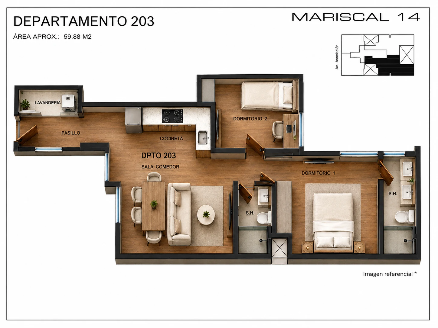 Vista renderizada tipo 5 – 59.88 m²