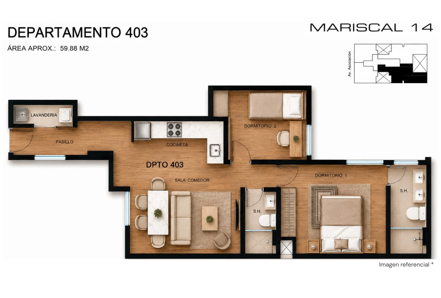 Vista renderizada tipo 4 – 59.88 m²